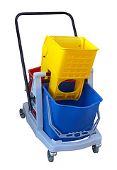 Image showing Three Plastic Buckets on a Cleaners Trolley