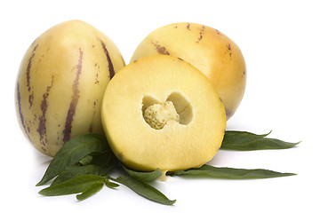 Image showing Pepino fruit with leavs isolated on white 