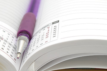 Image showing Opened diary with a ball pen