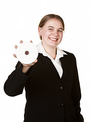 Image showing business woman holding cd or dvd