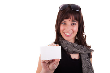 Image showing beautiful woman person with blank business card in hand