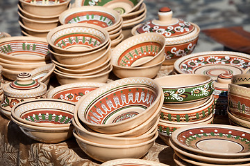 Image showing Decorated pottery collection at the handicraft market