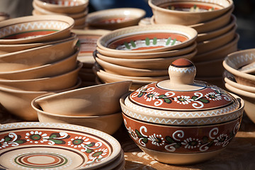 Image showing  Decorated ceramic pot and pottery collection at the handicraft market 