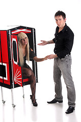 Image showing Magician performance with beauty girls in a magic box