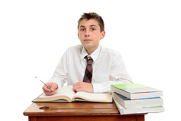 Image showing Attentive school student doing work