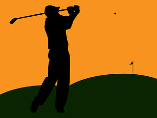 Image showing Golfer Silhouette Swinging at Sunset