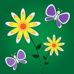 Image showing Yellow Flowers Purple Butterflies
