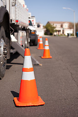 Image showing Orange Hazard Cones and Utility Truck in Street