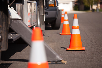 Image showing Orange Hazard Cones and Utility Truck in Street