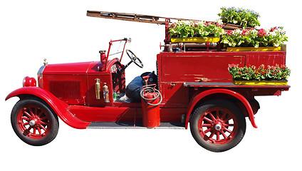 Image showing Vintage Fire Engine decorated with flowers