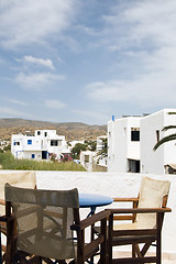Image showing Greek island Ios hotel patio with view of classic architecture