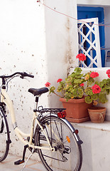 Image showing street scene bicycle flowers antiparos island greece