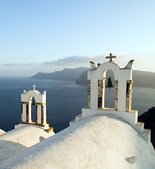 Image showing greek island twin bell tower church over the caldera oia santori