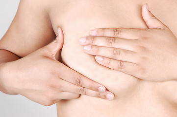 Image showing Girl examining her breast.