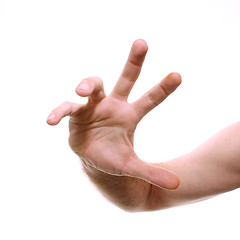 Image showing male hand reaching towards viewer isolated on white