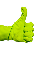 Image showing Thumbs up sign in green vinyl glove