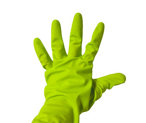 Image showing Five fingers with hand in green vinyl glove