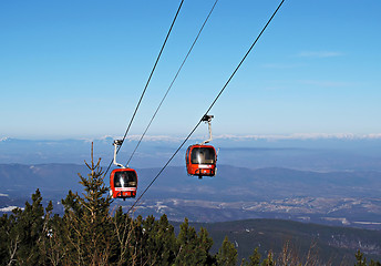 Image showing Cable car ski lift over mountain landscape