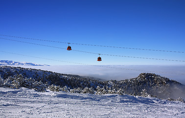 Image showing Cable car ski lift over mountain landscape