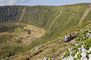 Image showing Tourists admiring Caldeira volcano in Faial, Azores