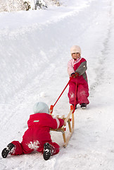 Image showing Children pulling sleigh