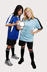 Image showing Two soccer girls with ball.