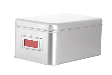 Image showing silver steel box with red blank label