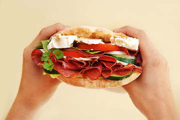 Image showing Appetizing sandwich with ham and cheese