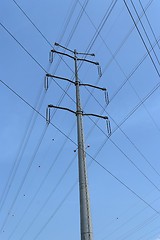 Image showing Crossed wires and support of   power transmission line