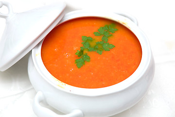 Image showing tomato soup in white bowl 