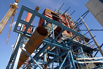 Image showing cranes and beams on construction of industrial factory 