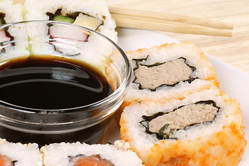 Image showing Maki sushi with soy sauce