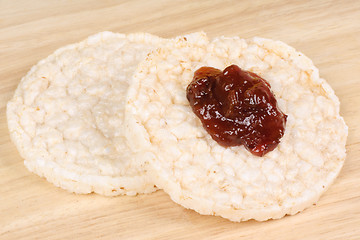 Image showing Two rice cakes with jam