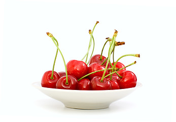 Image showing Saucer filled with red cherries