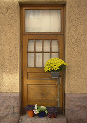 Image showing Door of an old house and flowers