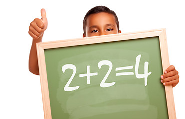 Image showing Proud Hispanic Boy Holding Chalkboard with Math Equation