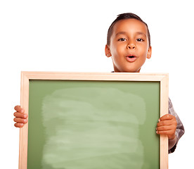 Image showing Cute Hispanic Boy Holding Blank Chalkboard