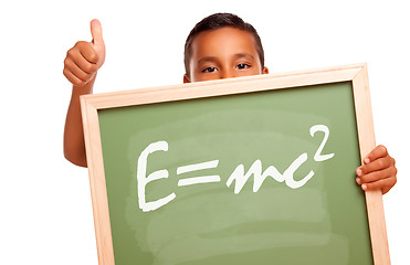 Image showing Proud Hispanic Boy Holding Chalkboard with Theory of Relativity