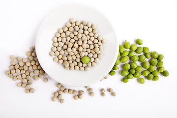 Image showing Fresh and dried green peas on plate