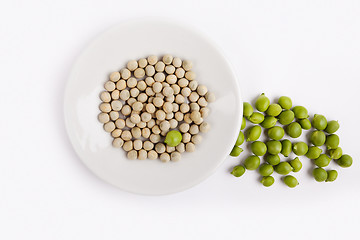 Image showing Fresh and dried green peas on plate