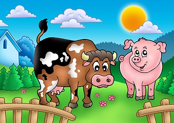 Image showing Cartoon cow and pig behind fence