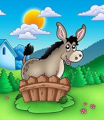 Image showing Cute donkey behind fence