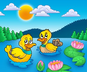Image showing Two ducks and water lillies