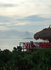 Image showing Kiosk in the sunset on the beach