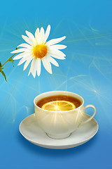 Image showing Still-life with lemon-tea and white flowers