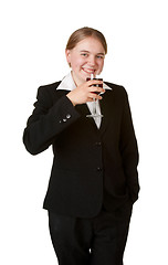 Image showing young business woman with glass wine