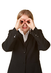 Image showing young business woman hands like binoculars