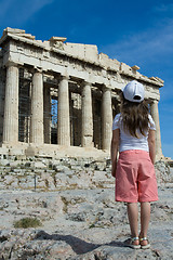 Image showing Child in front of Ancient Parthenon in Acropolis Athens Greece
