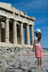 Image showing Child in front of Ancient Parthenon in Acropolis Athens Greece
