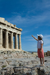 Image showing Child points to  Ancient Parthenon Facade in Acropolis Athens Gr